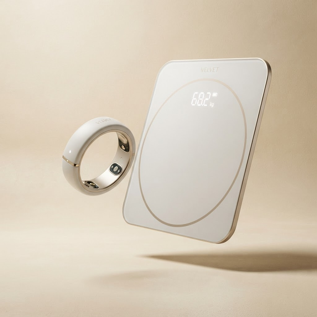 Nevia smart health ring and body scale in matte white and champagne gold